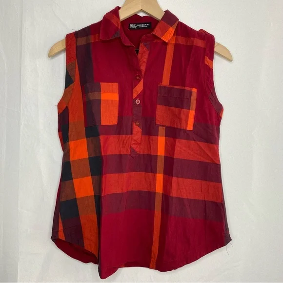 Burberry London Red Henley Plaid Sleeveless Rounded Hem Blouse Small - Picture 1 of 4